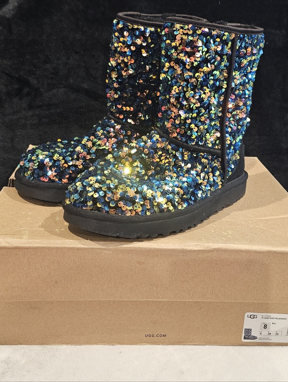 UGG Classic Black Short Stellar Sequin Boot - Size 8